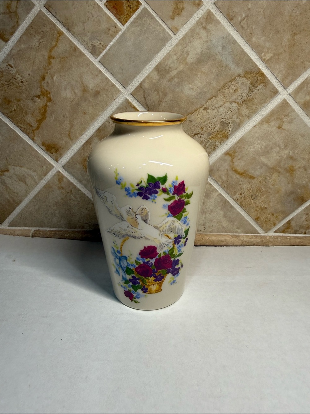 Lenox Birds of Love Vase Limited Edition Ivory China 24K Gold Doves Floral